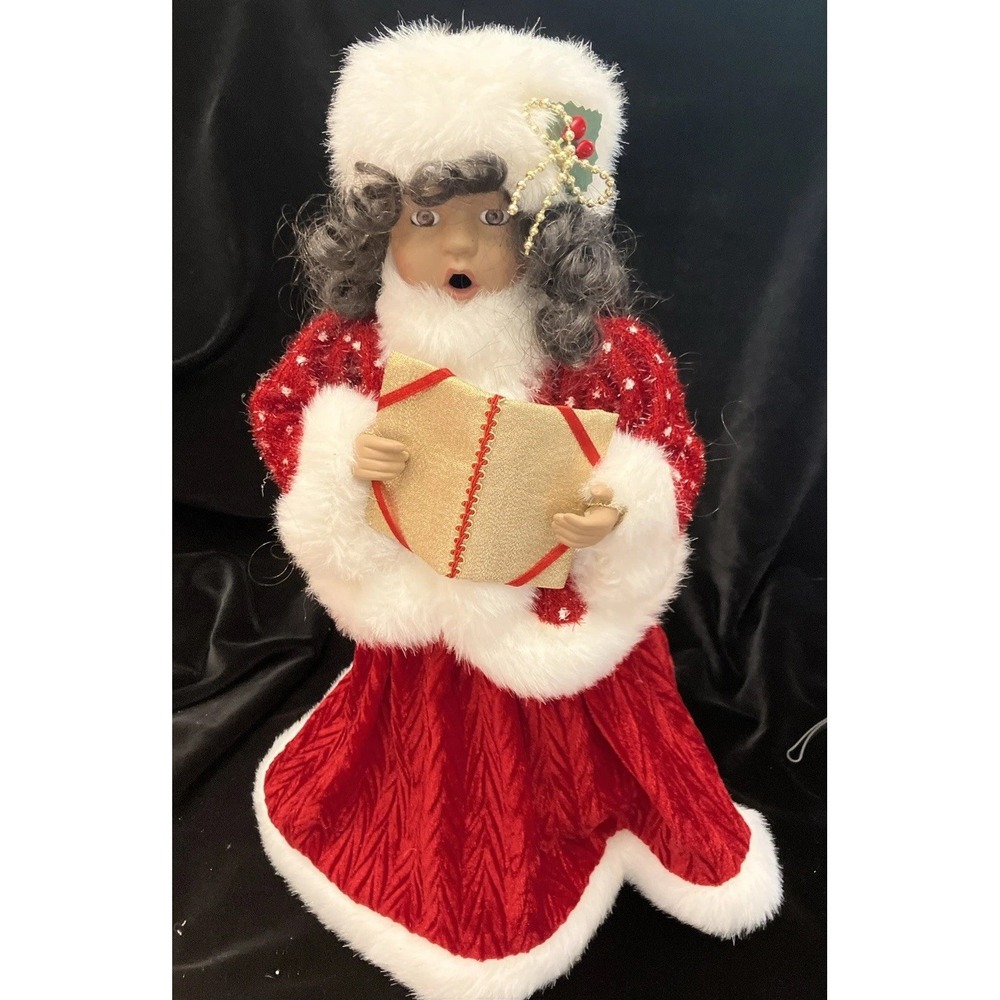 VTG Caroler Girl Velvet Santa Dress Christmas Tree Topper 12” African American